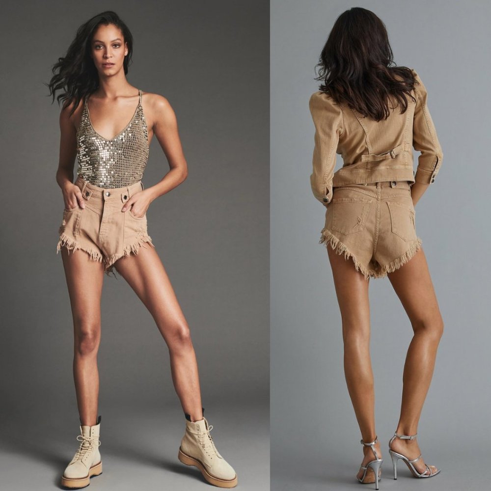 Retrofete TESSA SHORT  High-Rise Tan Frayed Denim 25